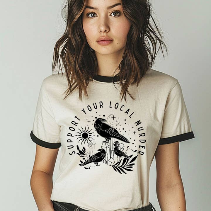 Support Your Local Murder - Cute Crow Bird Pun Ringer Shirt for wholesale by House Of Rodan