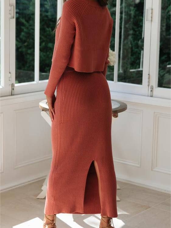 HIDDENBRAND - Wholesale Top & Skirt Set - Women's - 3-color sweater knit slit long dress set4