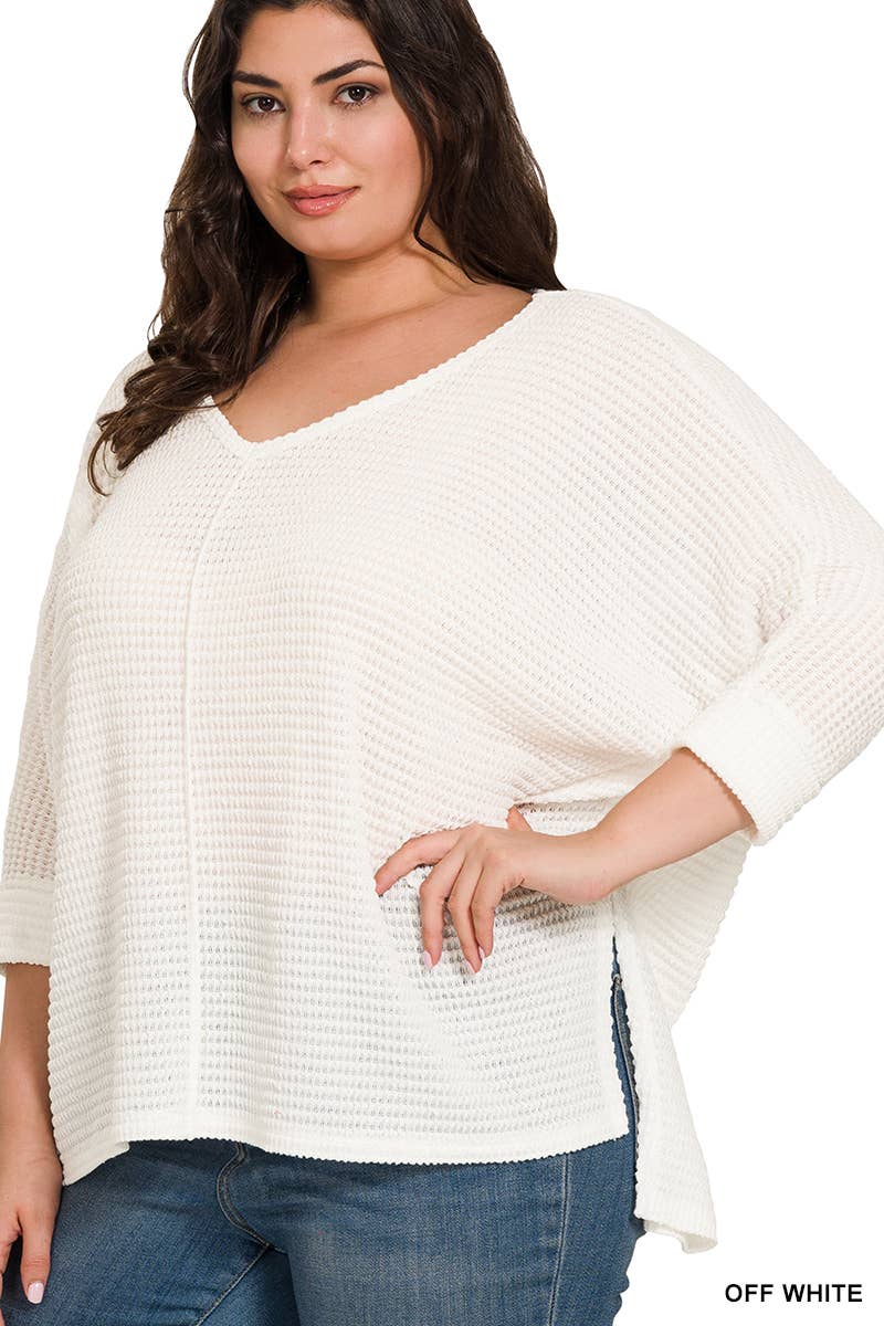 SCHWARZ-160583 „PLUS SIZE 3/4-ARM V-AUSSCHNITT HI-LOW SAUM JACQUARD SW“ für den Großhandel auf Faire4