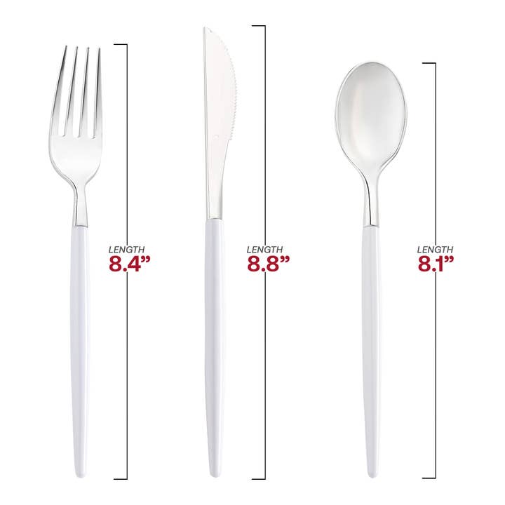 Smarty had a Party – wholesale Blandat bestickset – Silverfärgad plastbestick med vitt handtag - 240 gäster1