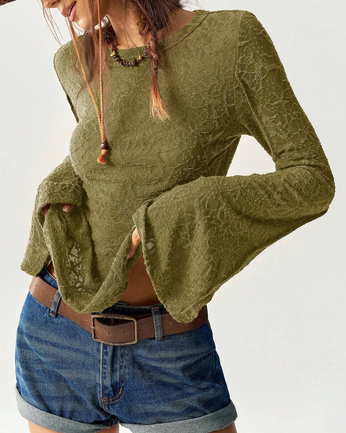 Rosa Clothing - Wholesale Blouse - Women's - Textured Crew Neck Flared Sleeves Blouse0