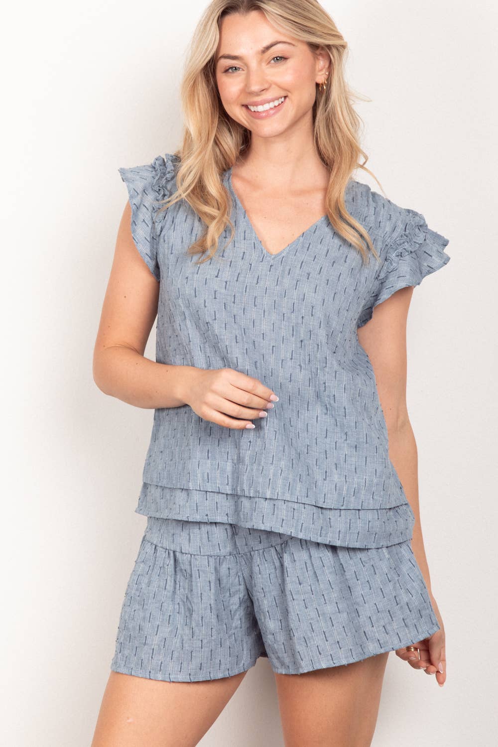 VERY J - Wholesale Lounge Set - Women's - NT11539SET-Solid Cotton Woven Cute Top & Shorts Set4
