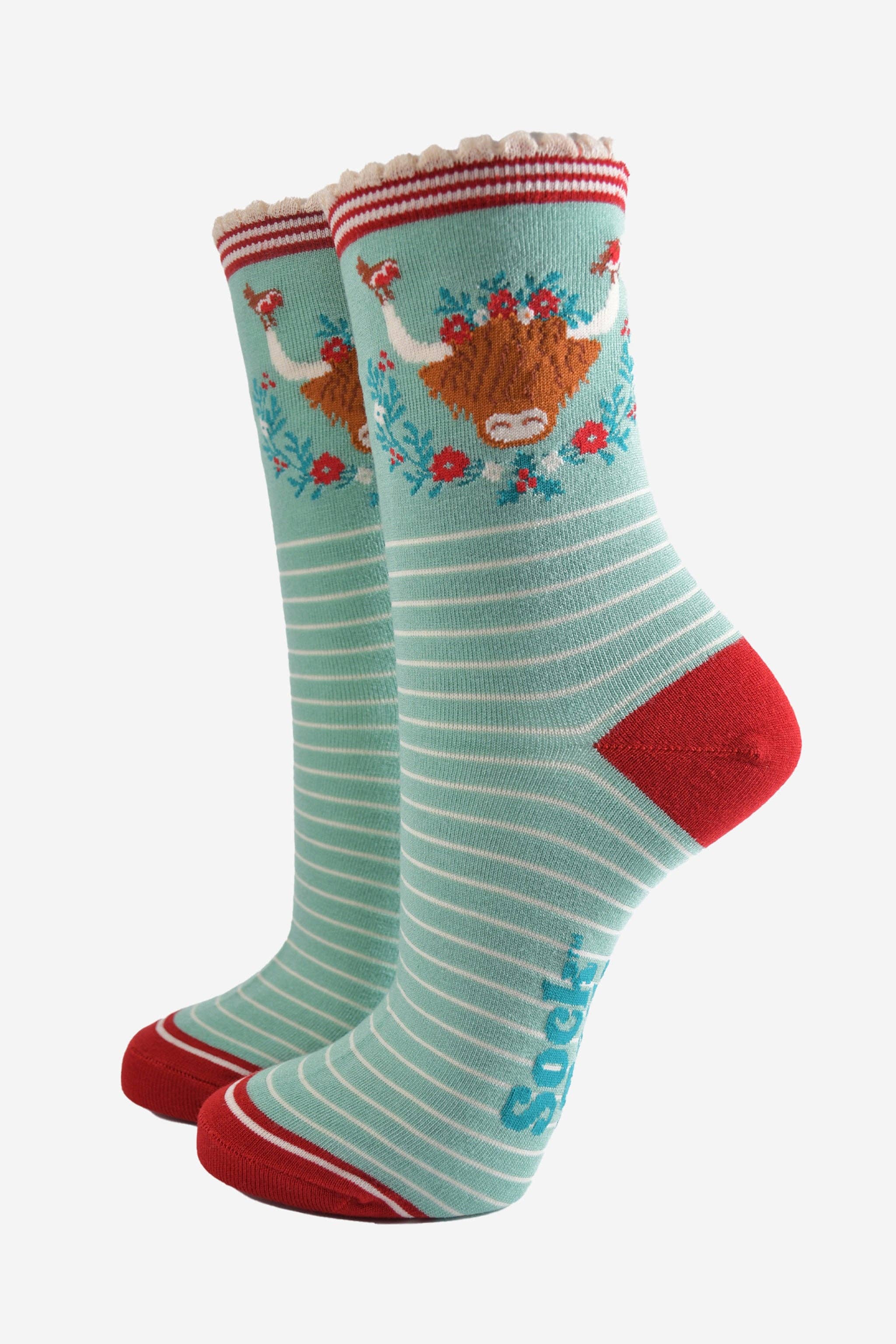 Sock Talk – wholesale Socks – Women's – Women's Bamboo Socks - Green/Red, Christmas Highland Cow0