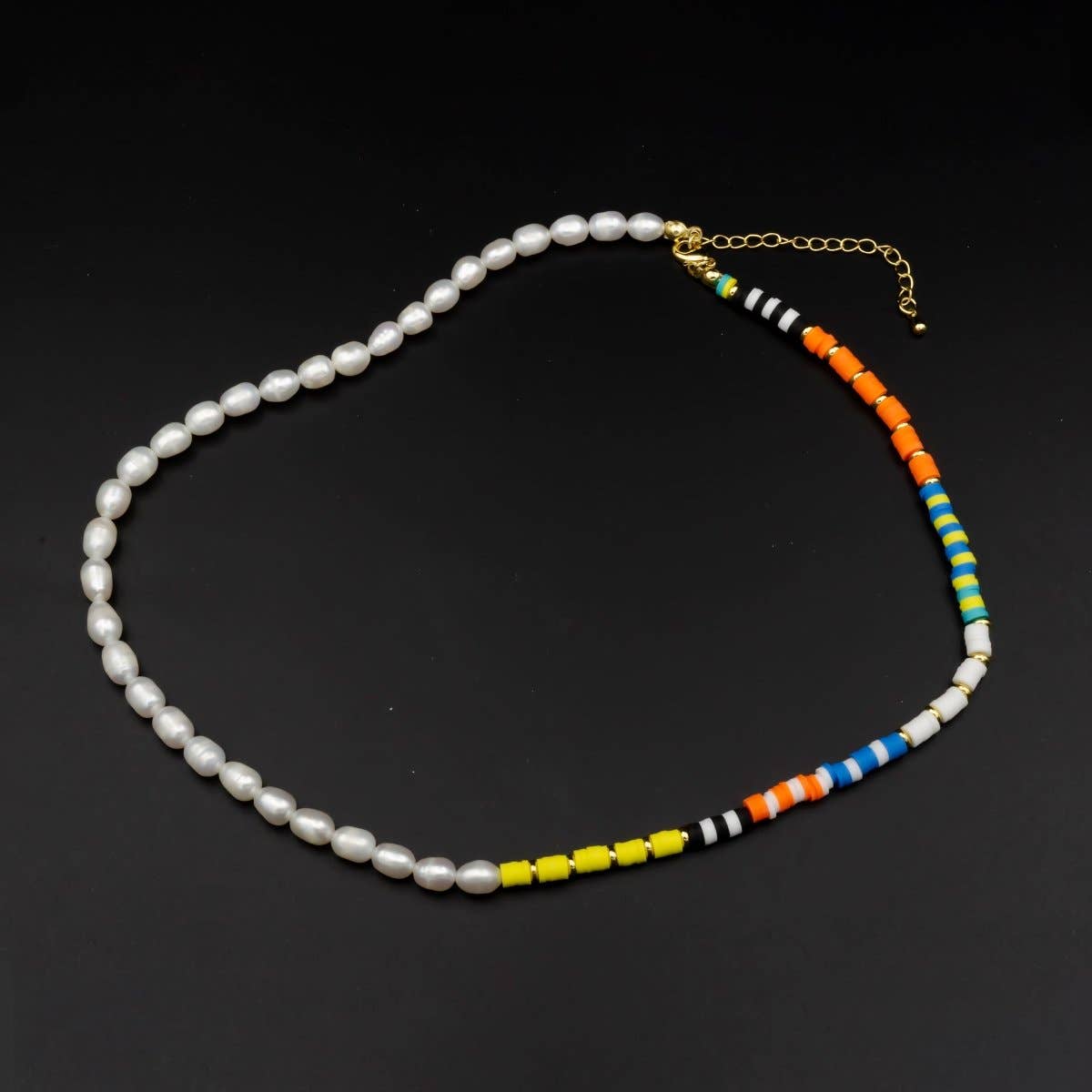 Aim Eternal - Wholesale Beaded/Pearl Necklace - 6mm Ringed Oval Freshwater Pearl 4mm Heishi Clay 18 Inch Necklace w. Extender | WA-308 Clearance Pricing0