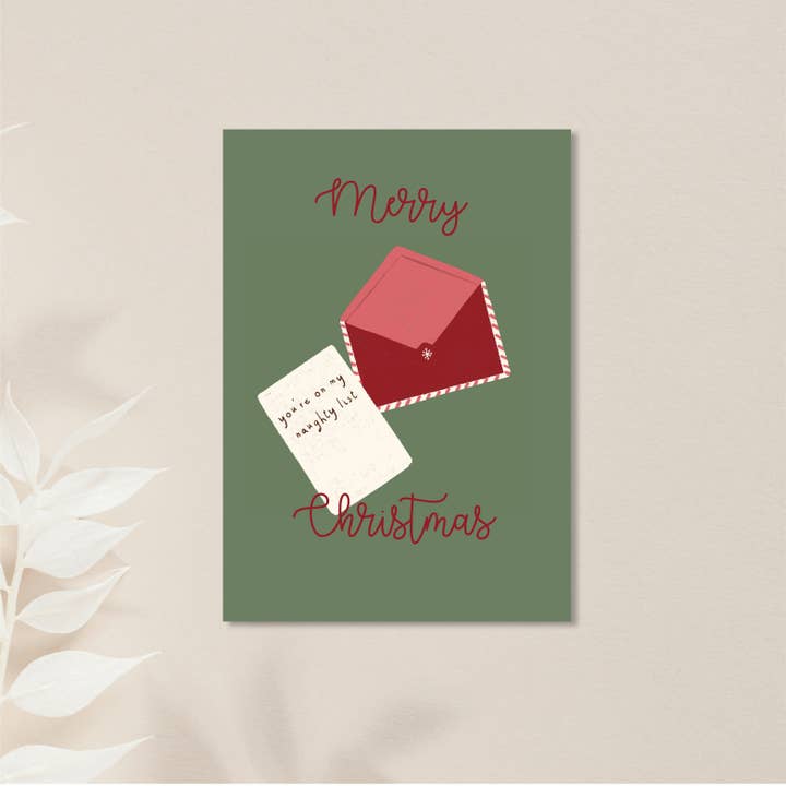 You're on my naughty list, Merry Christmas greeting card for wholesale by Studio Saba