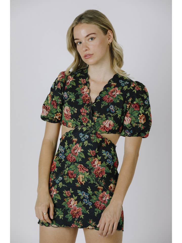 HD2731- ROSE PRINT EMBROIDERED BODYCON MINI DRESS for wholesale by STORIA