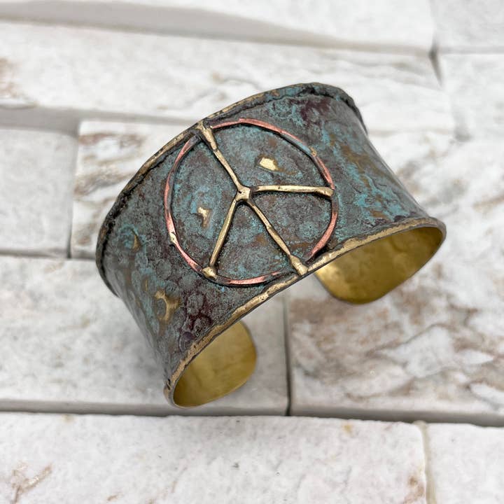 Anju Jewelry - Wholesale Cuff Bracelet - Brass Patina Cuff Bracelet - Rustic Blue Peace Sign