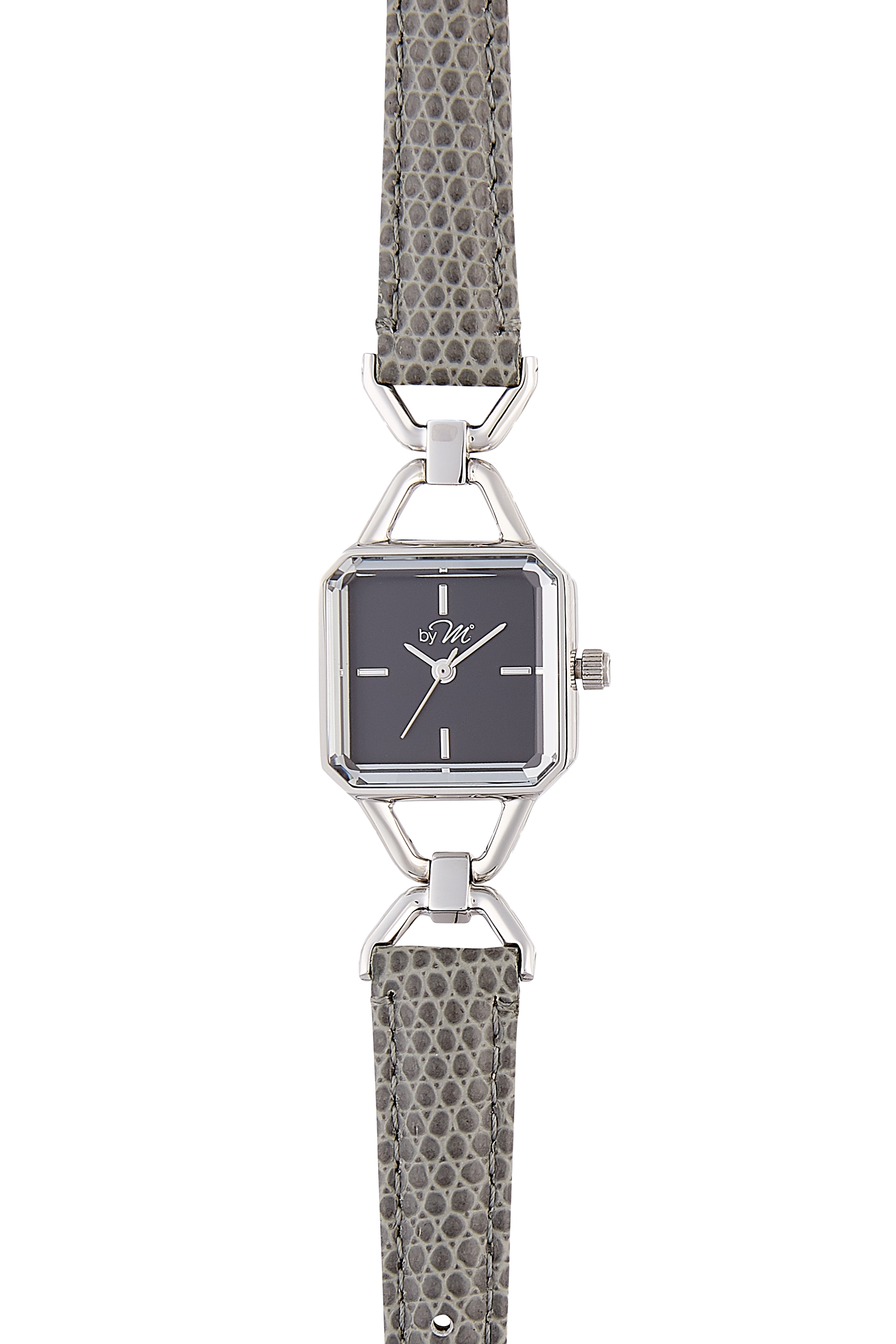 by M degrees – wholesale Armbandsur - Dam – Vintage-inspirerad fyrkantig silverklocka | Grå läderrem7
