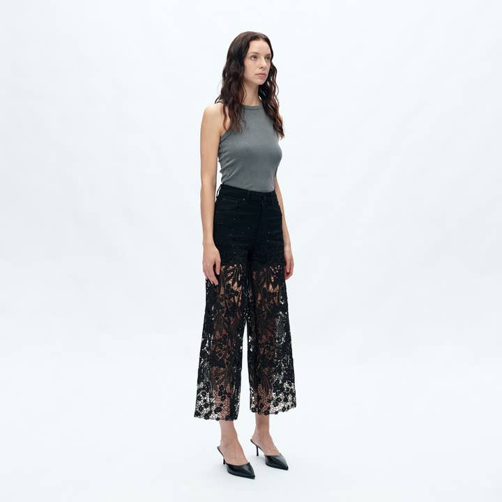 BLACK HIGH RISE WIDE LEG JEANS WITH LACE SPLICED BYW8090 for wholesale on Faire
