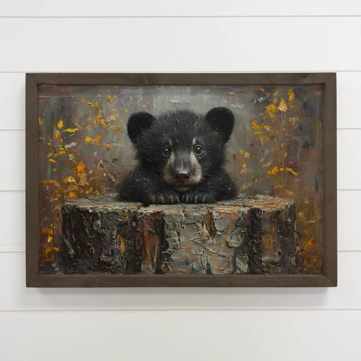 Black Bear Cub on Tree Stump - Mountain Cabin Wall Art Decor and other Purchase Wholesale bear cub. Free Returns & Net 60 Terms on Faire trending on Faire.