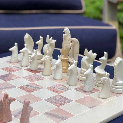 Global Crafts - Wholesale Board Game - Soapstone Hand-Carved Chess Set  in Box  - Safari Animal Pieces11