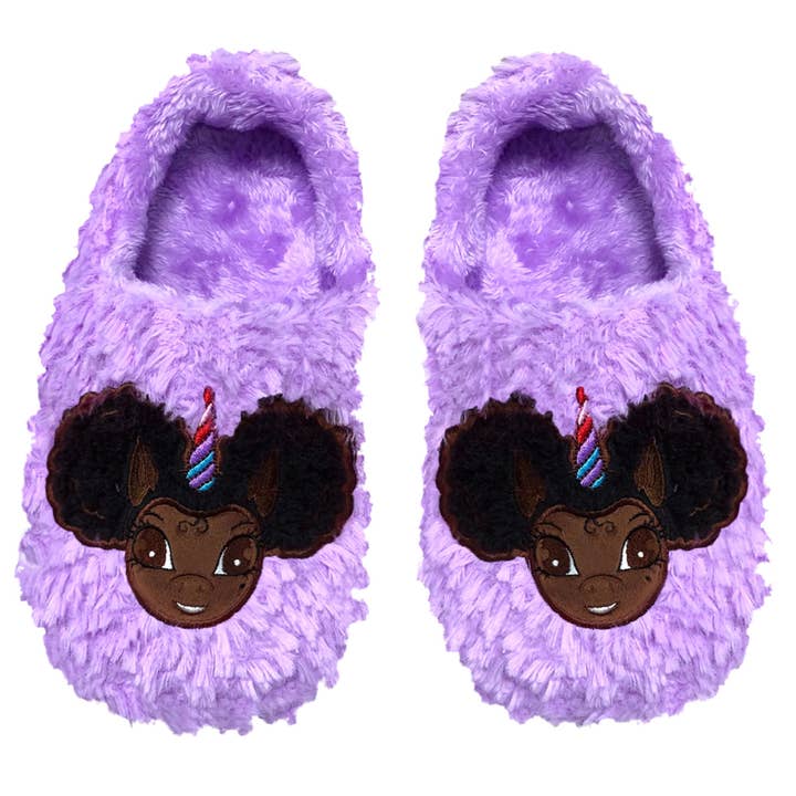 Zapatilla de Peluche Princesa Unicornio Afro Puff Firma - Marrón Oscuro con Cabello Negro para venta al por mayor de YOUnicorn Kidz