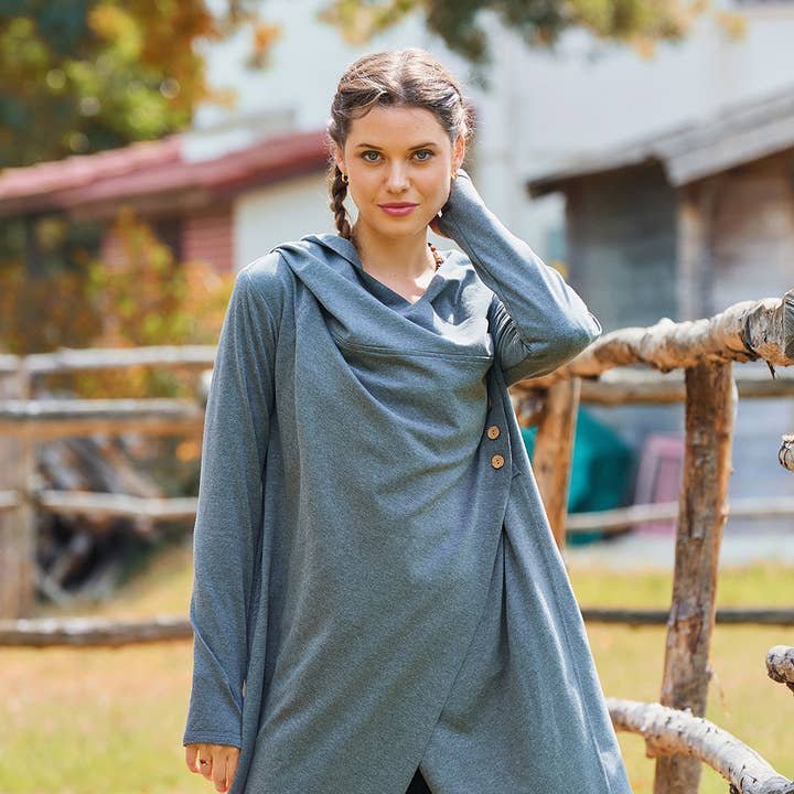 Los Banditos - Vente Cardigan – femme - Cardigan bohème gris à capuche avec détail de boutons et trou pour le pouce5