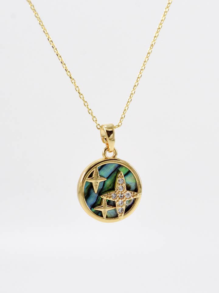 18K Gold Plated over brass Abalone and Stars Coin Necklace. for wholesale by FELIX Z DESIGNS