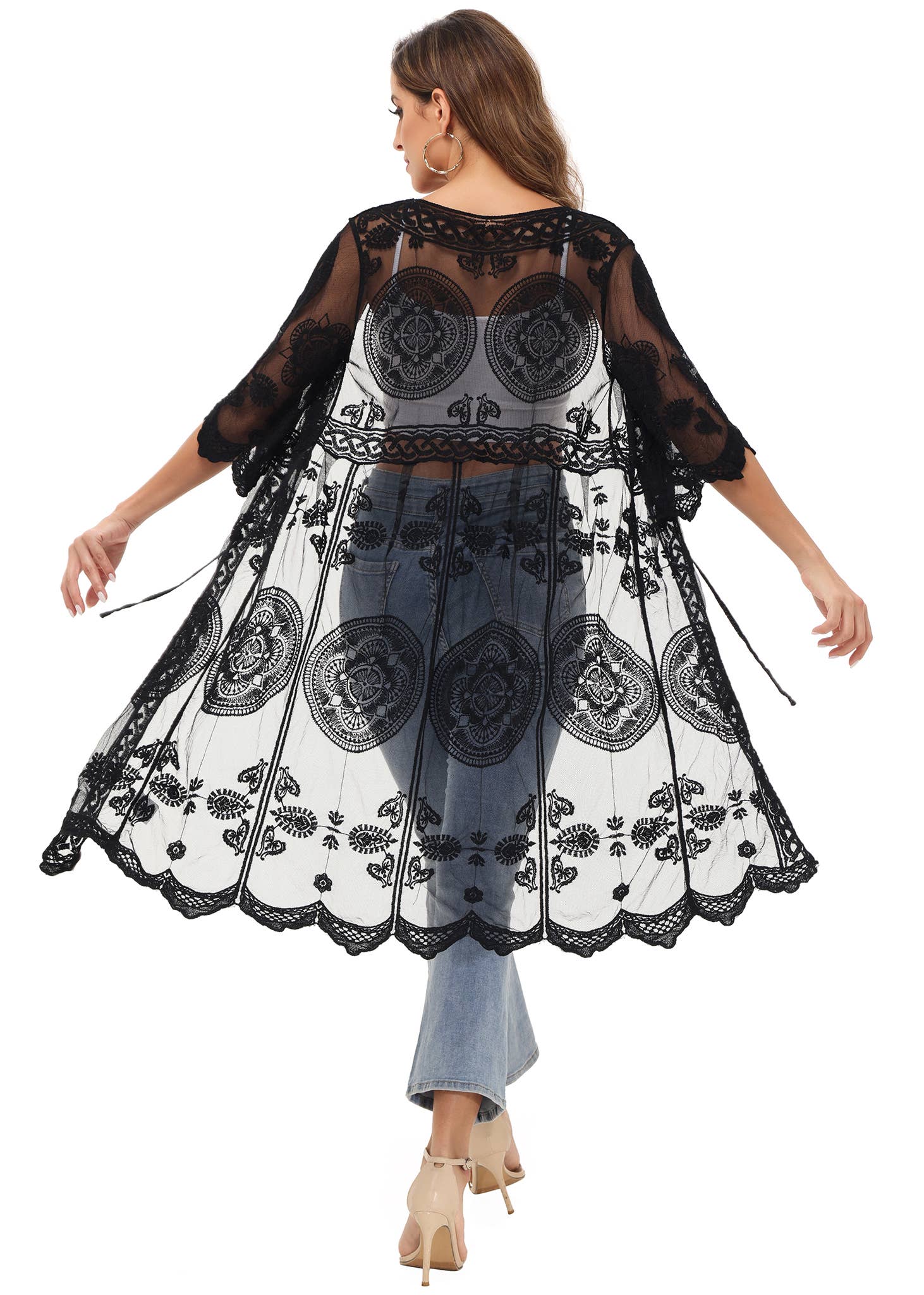 Anna Kaci Wholesale - Wholesale Swim Cover Up - Women's - Half Sleeve Tie Front Embroidered Lace Kimono Cardigan Cover12