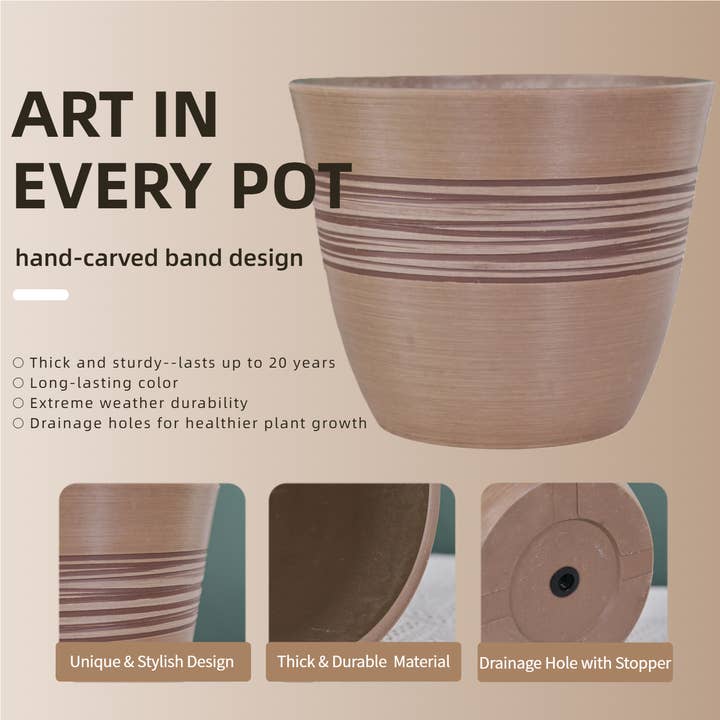 Greenship Garden USA - Wholesale Plant Pot - GreenShip Hand Carved Band Planter, W. 12.21"x H. 10.05"6