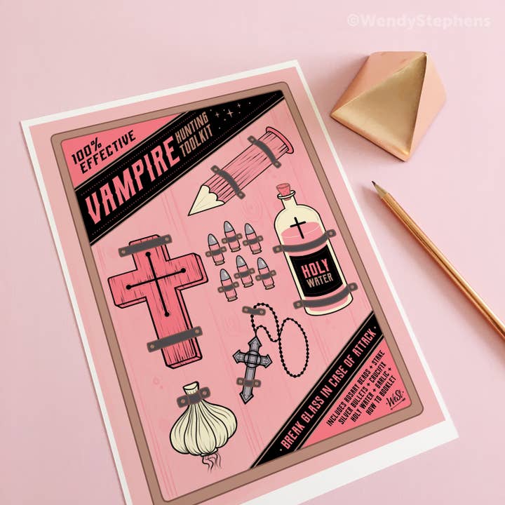 Vampire Hunting Kit Spooky Art Print for wholesale by Wendy Stephens Art
