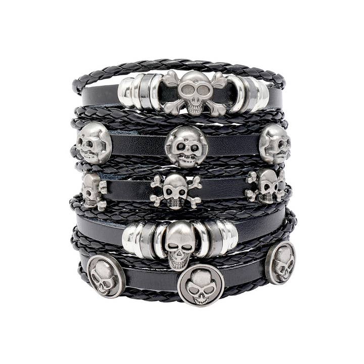Black Handmade Beaded Skull Leather Bracelet for wholesale on Faire