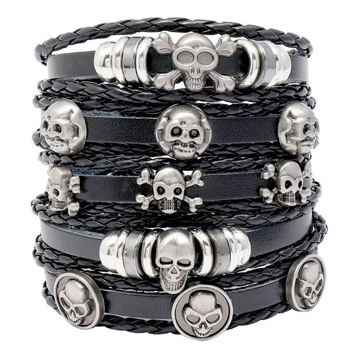 Black Handmade Beaded Skull Leather Bracelet for wholesale on Faire0