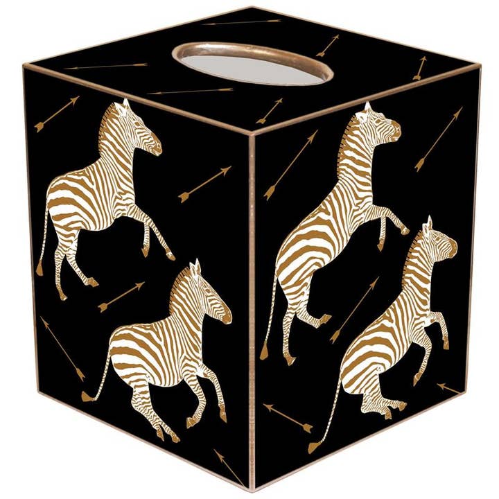 Marye-Kelley – wholesale Tissue box – Gold Zebra Trot on Black Tissue Box Cover