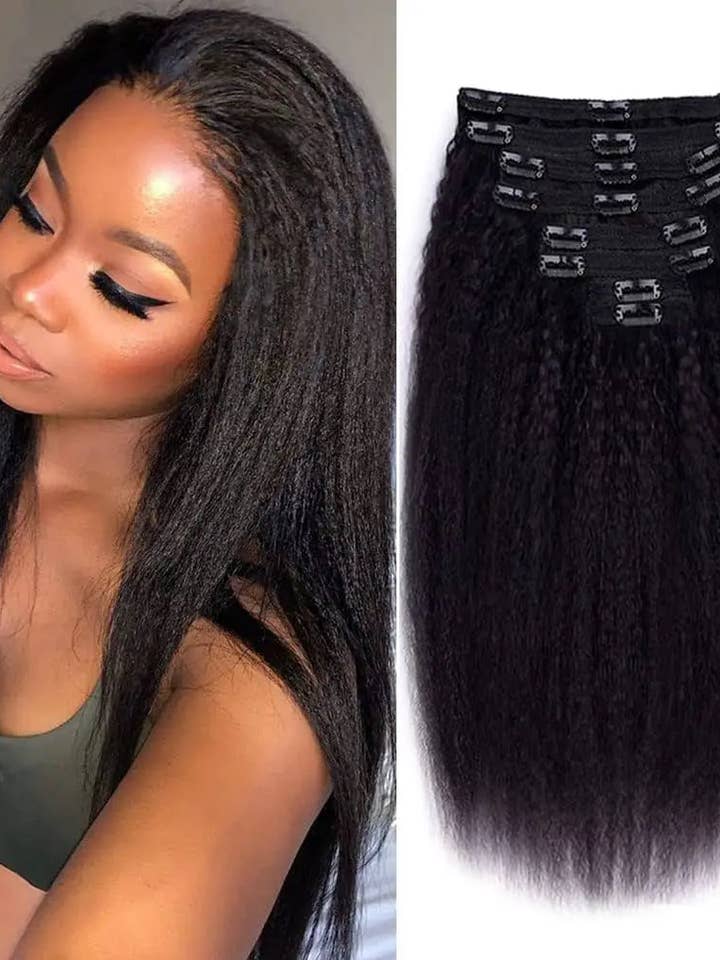 Släta krulliga hårförlängningar med clips, naturlig färg, 100 % Remy brasilianskt hår, 120 g, 8 stycken, full uppsättning, för kvinnor för wholesale av Queenshopbeauty