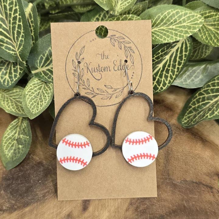 Baseball Heart Dangle Earrings, Sports Jewelry for wholesale by The Kustom Edge