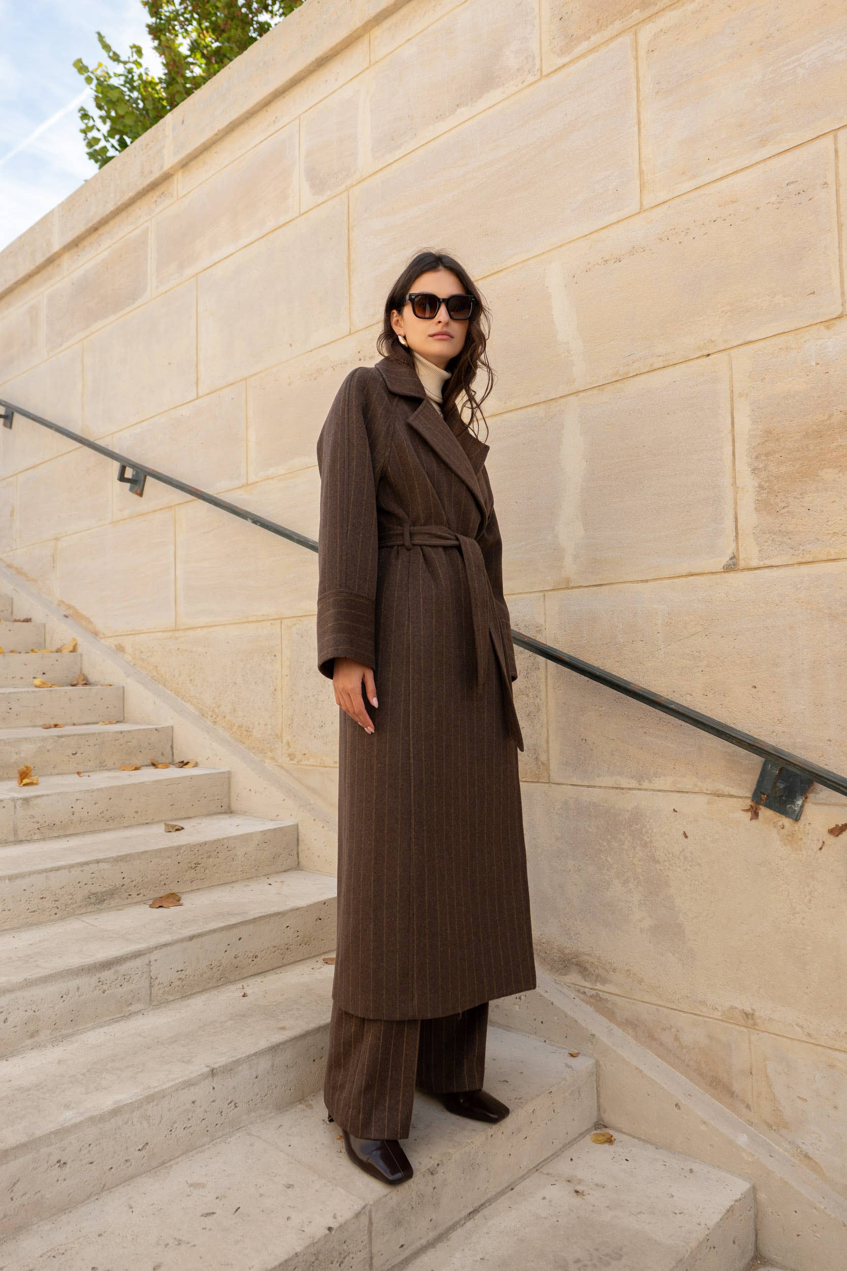 Attentif Paris - Wholesale Coat - Women's - Long coat in fine striped wool blend9