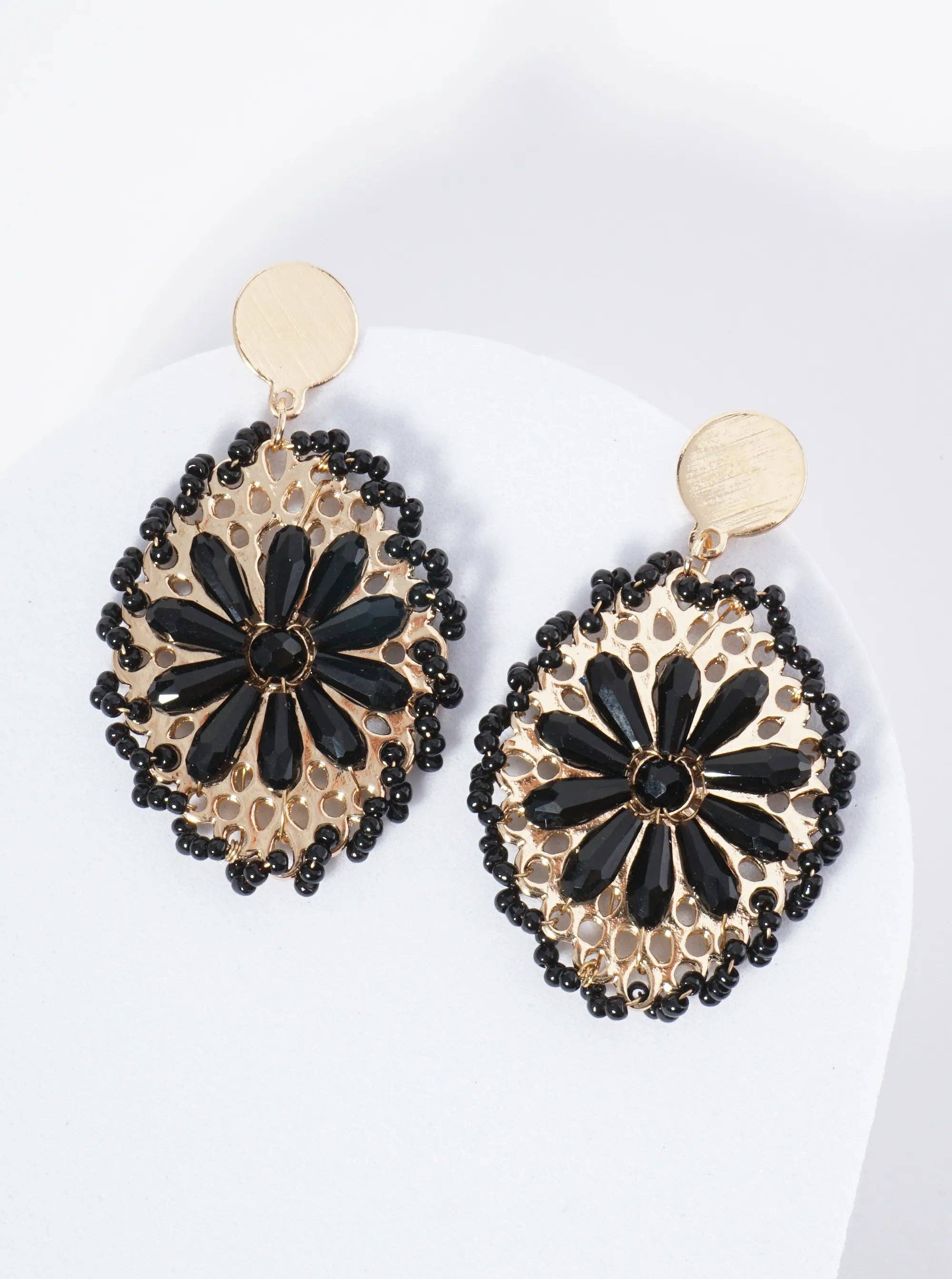 Wild Honey - Wholesale Dangle Earrings - Seed Bead-Wrapped Floral Glass Bead Embellishment Post Drop Earrings2