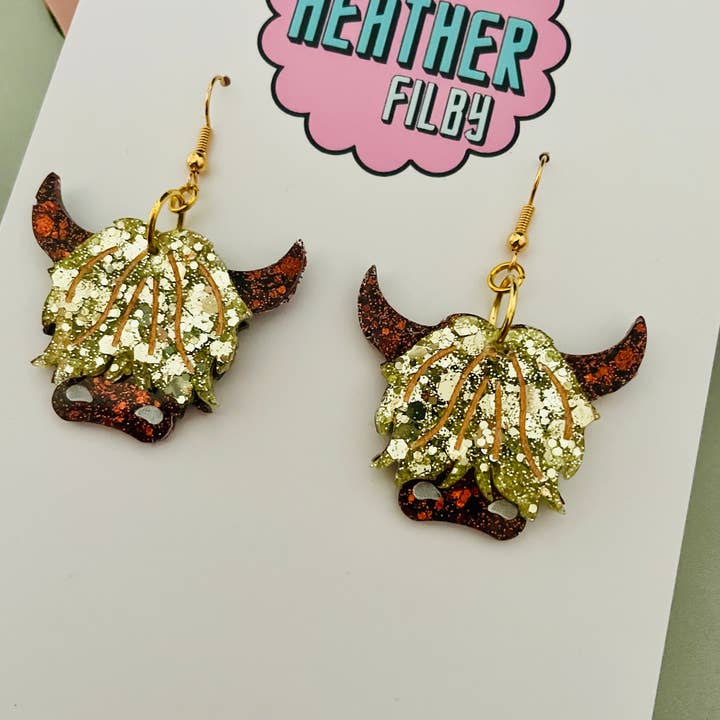 By Heather Filby - Wholesale Dangle Earrings - Highlands Cow Glitter Resin Earrings1