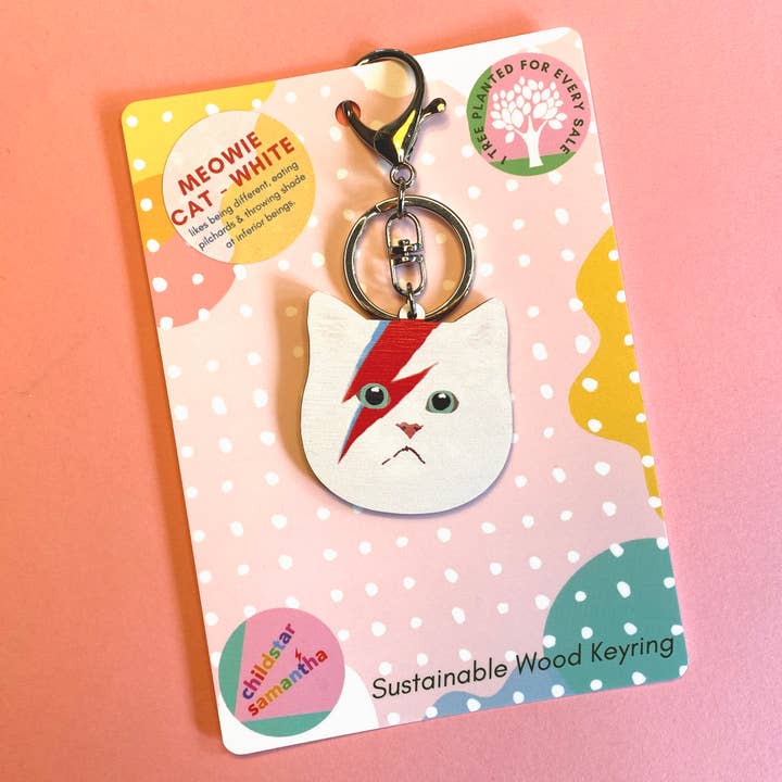 Childstar Samantha – wholesale Keychain – Unisex – Black Cat with Ziggy Stardust Make Up Eco Wood Keychain Fob