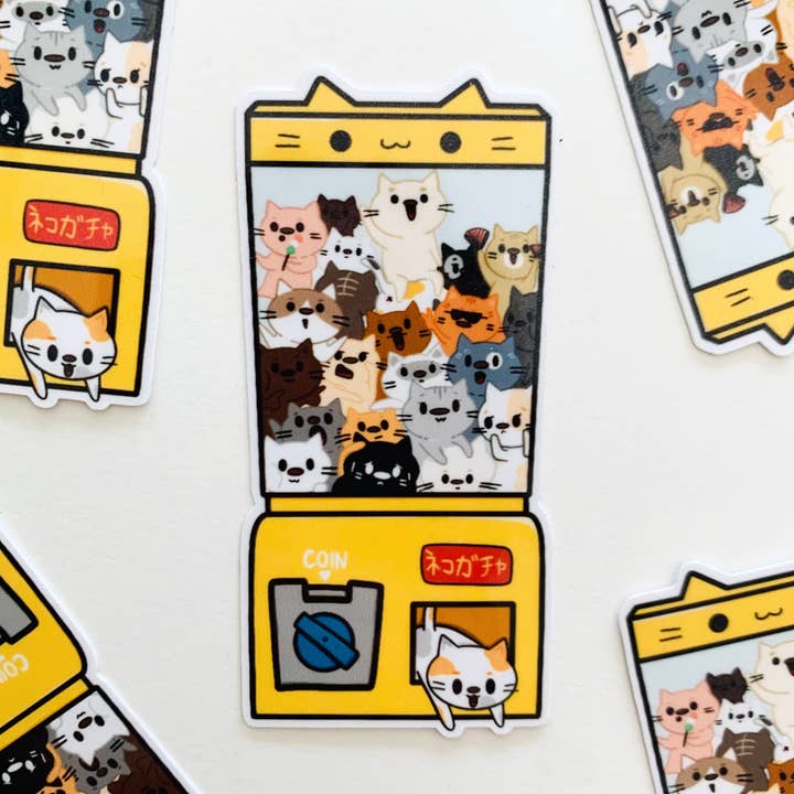 Small Noggin Studios - Wholesale Sticker - Cat Gachapon machine yellow Vinyl Sticker, Japanese style0