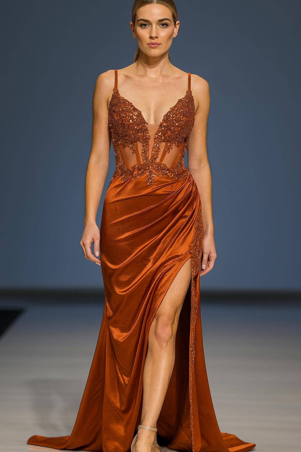 La Veneto - Wholesale Dress - Women's -  Deep v-neckline, thin straps, embellished bodice & leg slit2