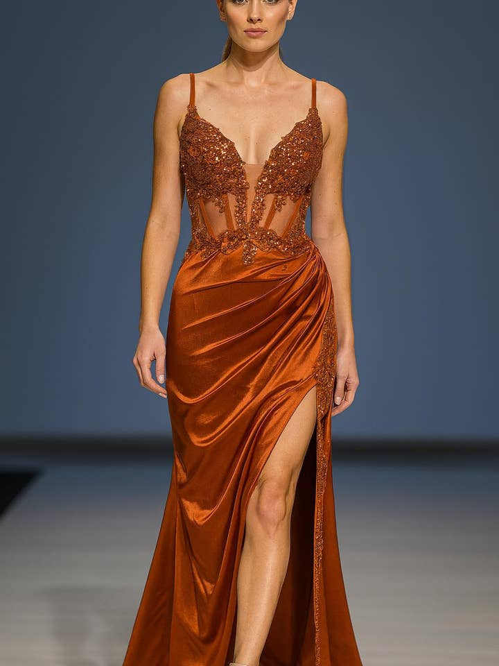 La Veneto - Wholesale Dress - Women's - Deep v-neckline, thin straps, embellished bodice & leg slit2