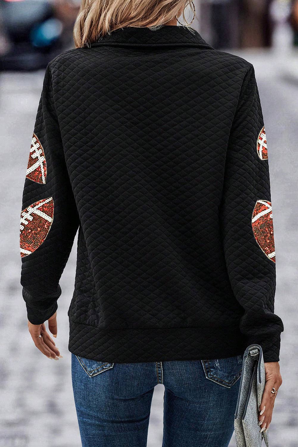 Black Sequin Rugby Football Patched Quarter Zip Textured Sweatshirt for wholesale on Faire1
