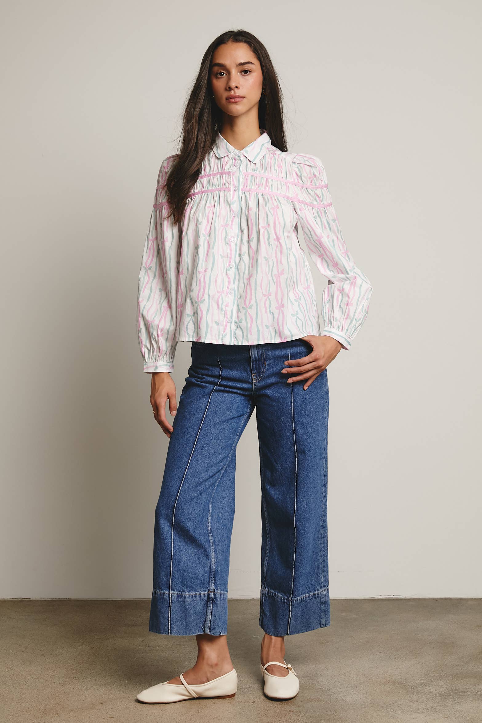 Forte – wholesale Blouse – Women’s – Ribbon Stripe Puff Sleeve Blouse FT000518