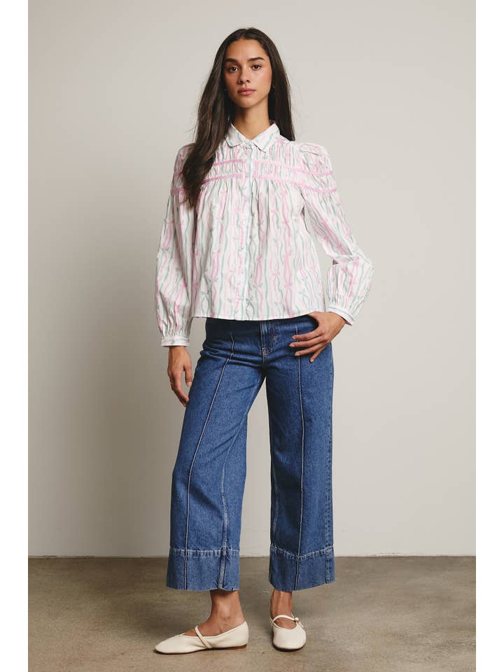 Forte – wholesale Blouse – Women’s – Ribbon Stripe Puff Sleeve Blouse FT000518