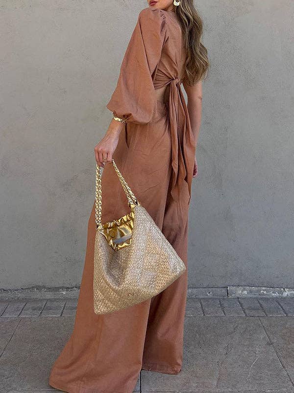 StyleGalX - Vendita all'ingrosso Completo top e pantaloni (NON loungewear) - Donna - Camicie monospalla plissettate in tinta unita con elastico asimmetrico sciolto a maniche lunghe, top + pantaloni in fondo, set di due pezzi5