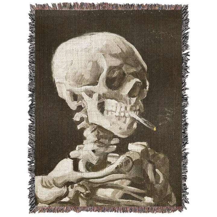 Killer Goods • Woven Blankets, Gifts, Home Decor - Wholesale Throw Blanket - Vintage Van Gogh Smoking Skeleton Woven Throw Blanket