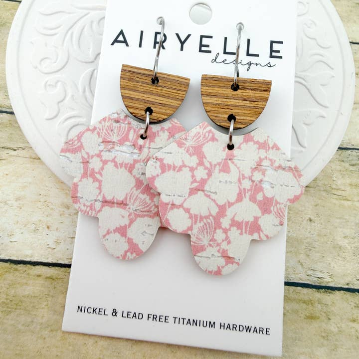 Whispering Spring Scalloped Cork + Leather Earrings - Titanium for Sensitive Ears for wholesale by Airyelle Designs
