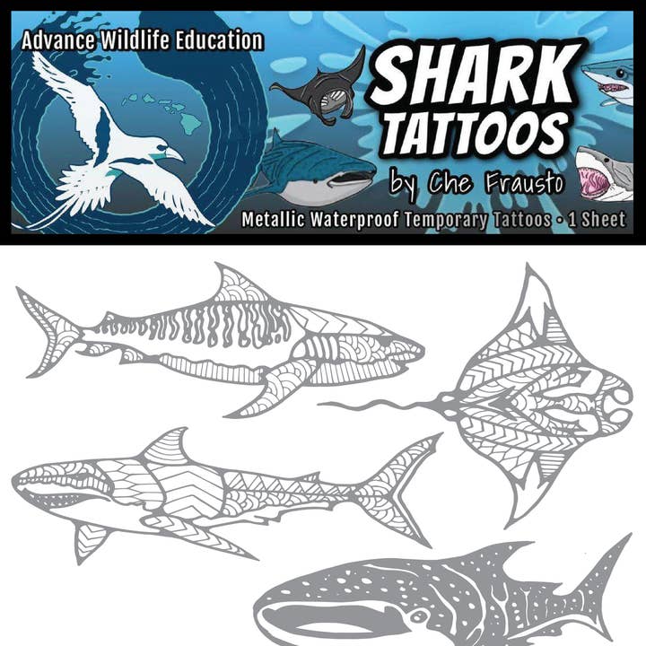 Advance Wildlife Education LLC - Vente Tatouages temporaires - Tatouages temporaires en forme de requin (argent métallisé)0