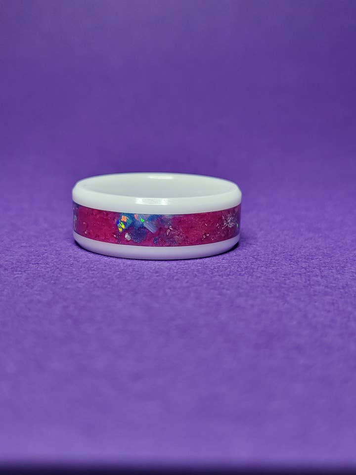 White Ceramic Ring Opal, Quartz, Rose Pink, UV Glow for wholesale by Natural Evolution Design