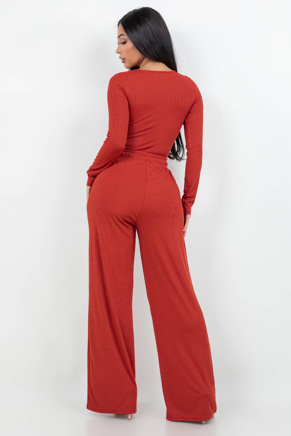 Color 5 - Wholesale Top & Pant Set (NOT Loungewear) - Women's - Long sleeve slinky bodysuit with matching flare pants set 3