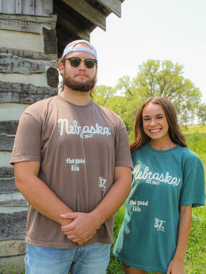Nebraska 37th State The Good Life Emerald Tee for wholesale by Raine Company