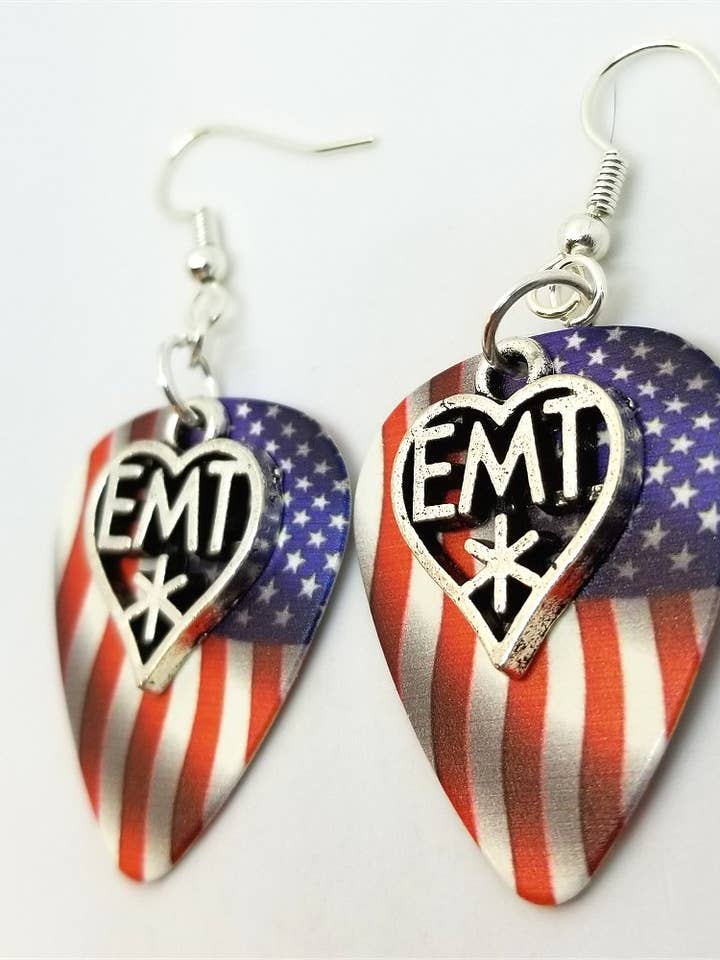 EMT Heart Charm Guitar Pick Earrings for wholesale by Simply Raevyn