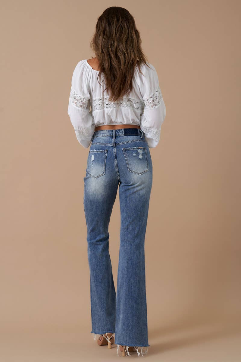 Insane Gene USA - Vendita all'ingrosso Jeans - Donna - Denim invecchiato svasato con spacco frontale a vita alta5