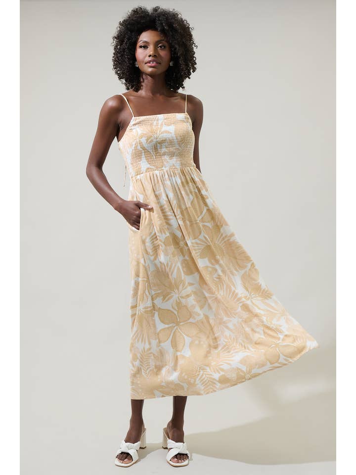OATMEAL WHITE Geneva Floral Tell Smocked Midi Dress for wholesale on Faire