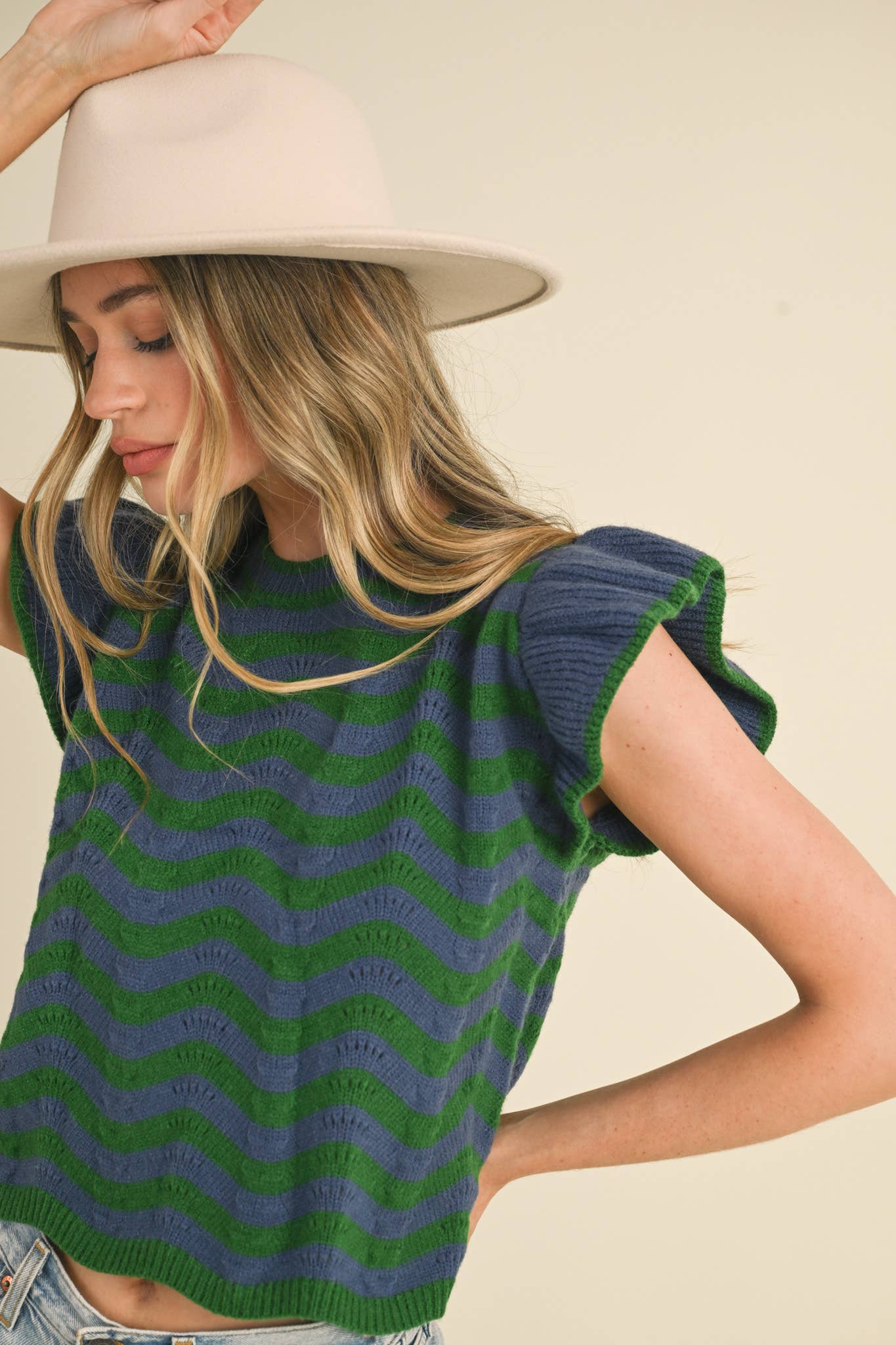 &MERCI - Wholesale Knit Sweater - Women's - WAVY STRIPES FLUTTER SLEEVE SWEATER TOP MSW1050986