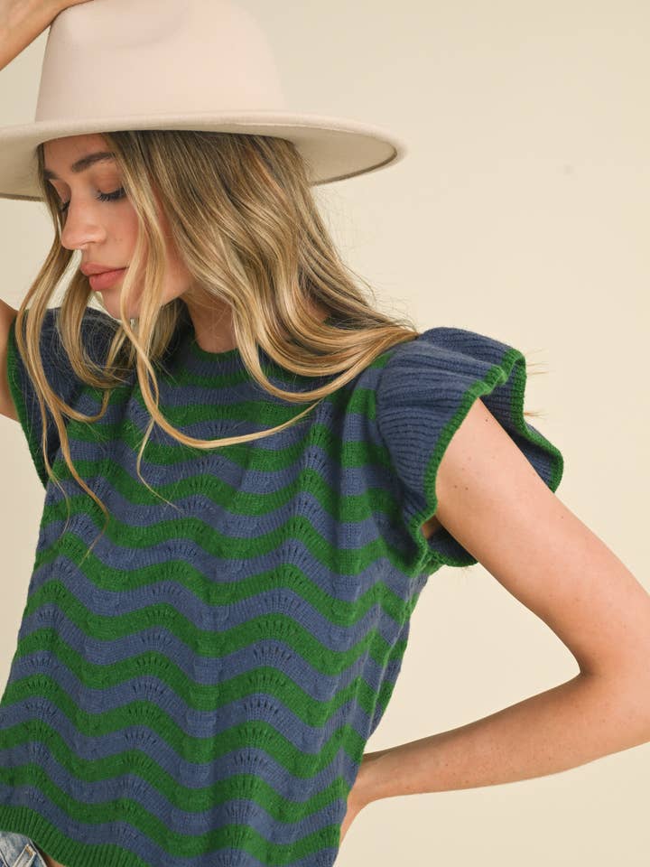 &MERCI - Wholesale Knit Sweater - Women's - WAVY STRIPES FLUTTER SLEEVE SWEATER TOP MSW1050986