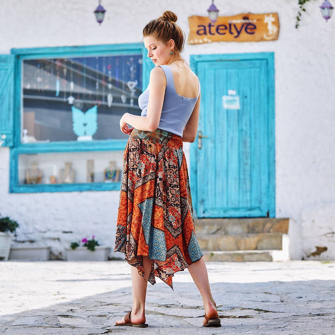 Los Banditos - Wholesale Skirt - Women's - Brown Print Asymmetrical Hem Flowy Midi Skirt3