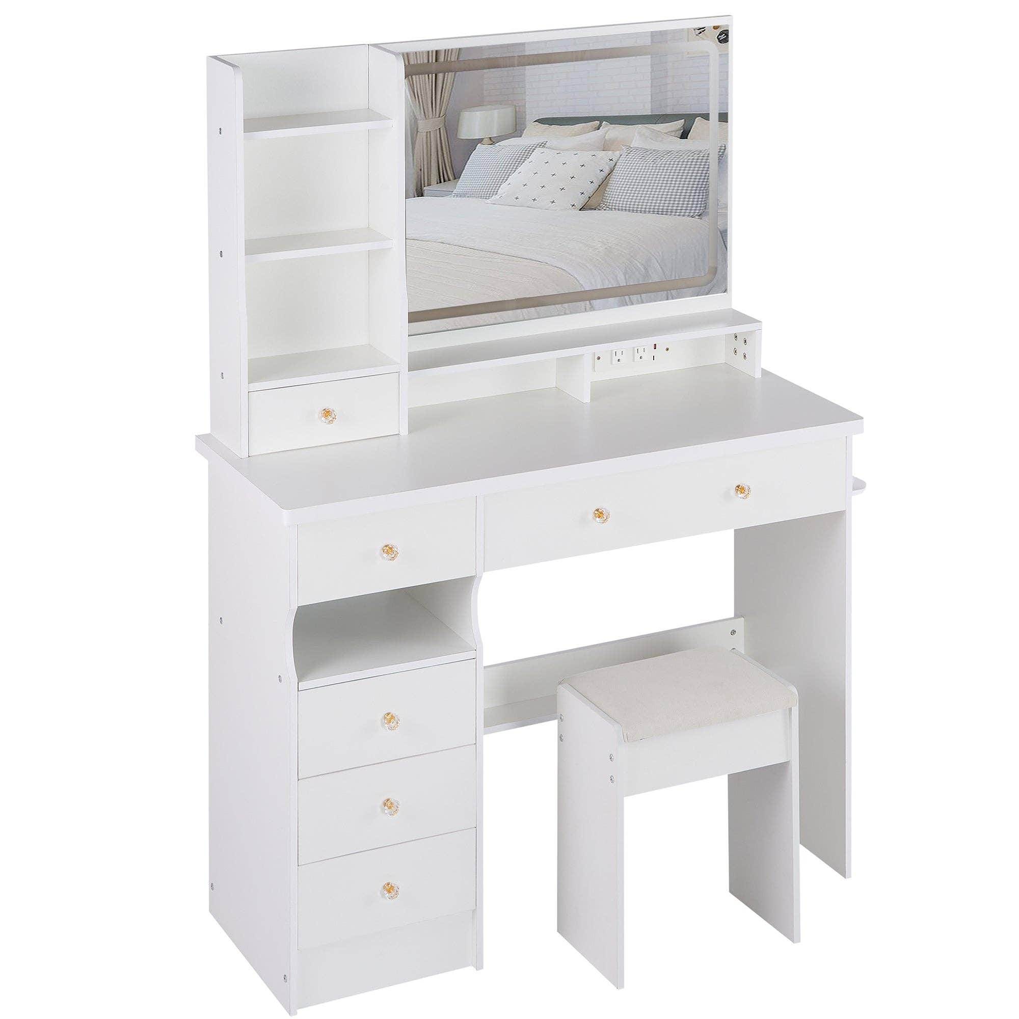 39F Inc. - Vente Miroir de courtoisie - Ensemble de coiffeuse blanche de 41'' avec station d'alimentation et miroir LED15